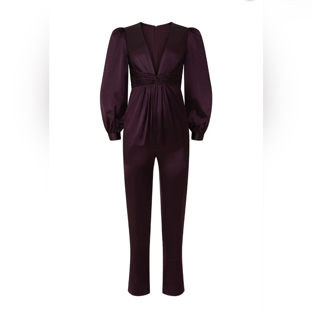 Mac Duggal Elegant Deep Purple/ Plum Plunge Neckline Satin Long Sleeve Jumpsuit - Picture 7 of 16